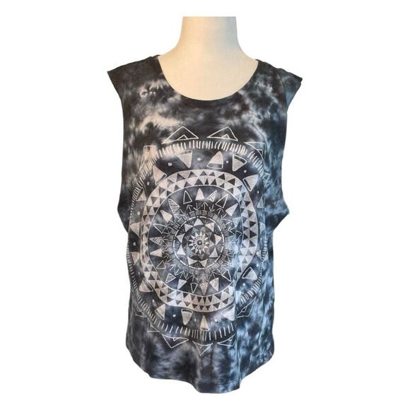 Freeze Mandala Print Graphic Tee Blue White Tie Dye Sleeveless Tank Top L - Picture 1 of 6